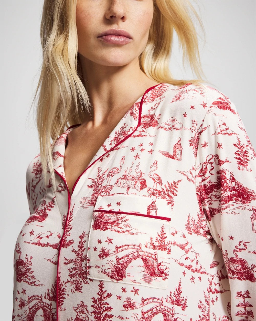 ENCHANTED TOILE CHAMPAGNE Piped Long-Sleeve Sleepshirt
