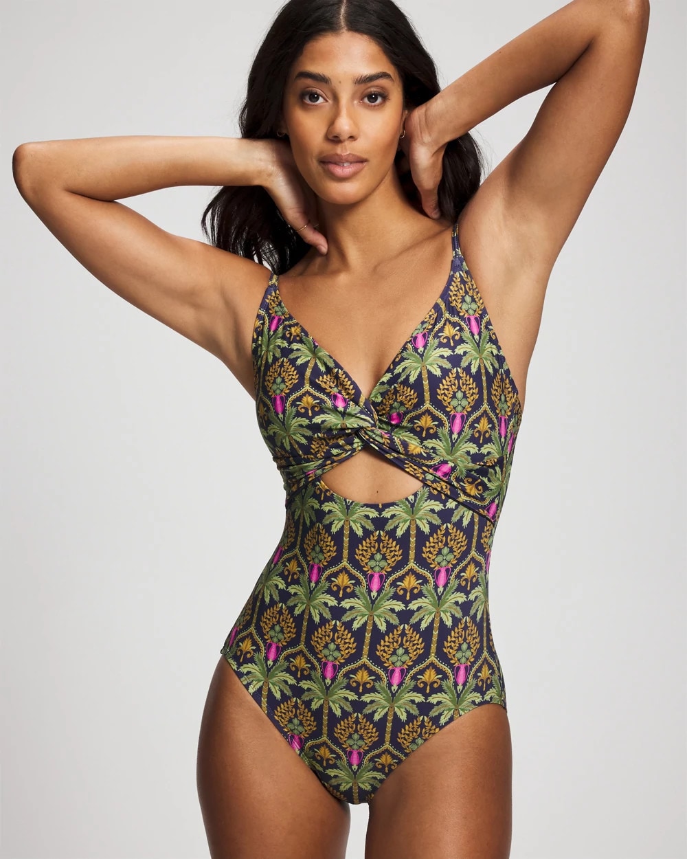 PALMY PATTERNS NAVY Twist-Front Keyhole One Piece