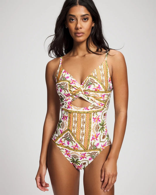 PATCHWORK PALMS COCONUT Soma Swim Twist-Front Keyhole One-Piece