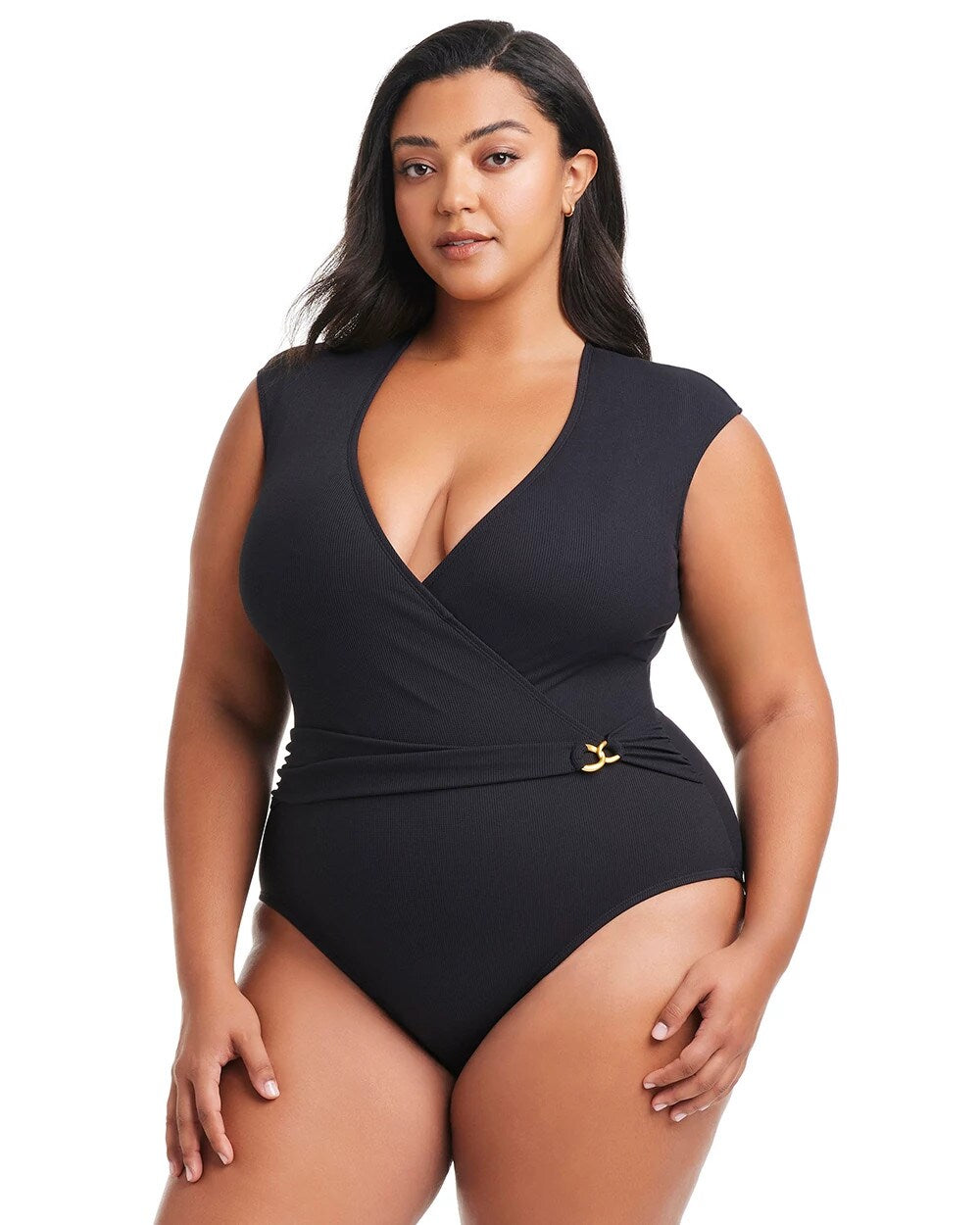 BLACK Pique Ole Cap Sleeve Surplice One Piece