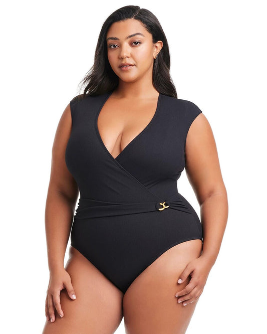 BLACK Pique Ole Cap Sleeve Surplice One Piece