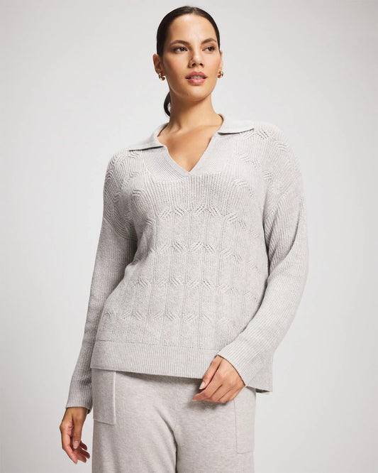 HEATHER STONE Premier Knit Cable Knit Collared Sweater