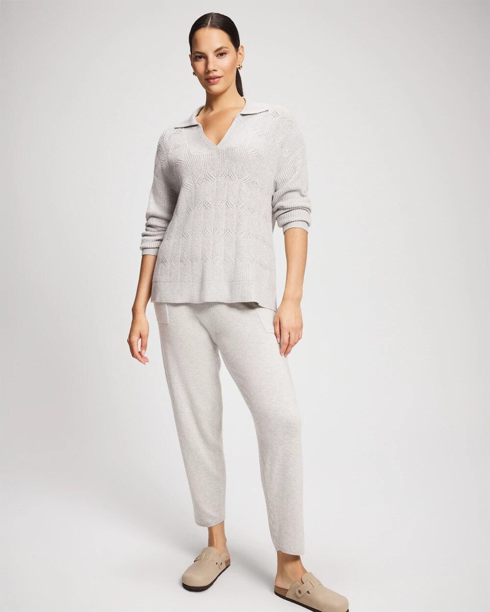 HEATHER STONE Premier Knit Cable Knit Collared Sweater
