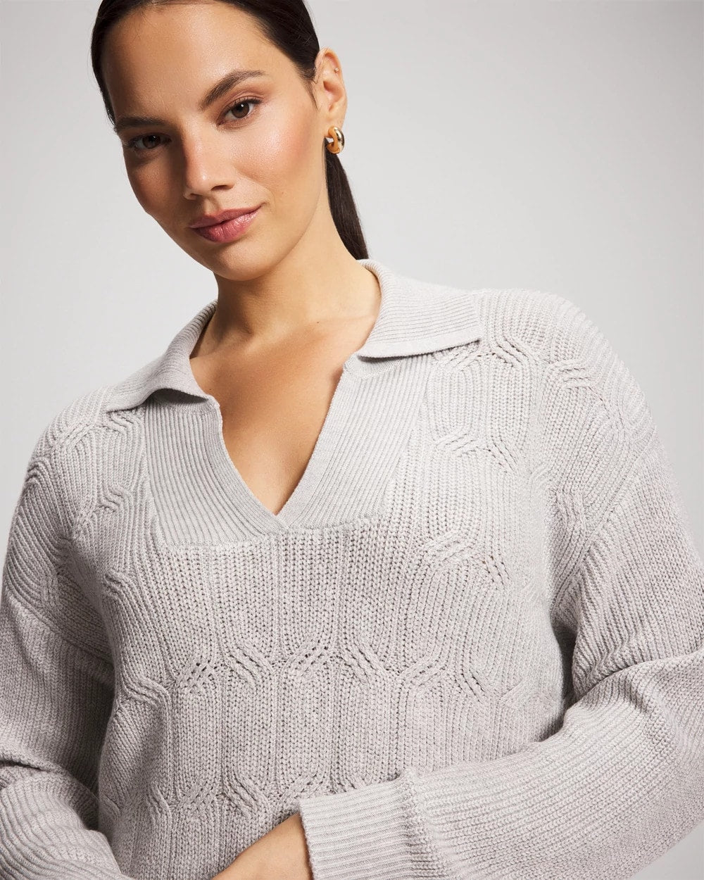 HEATHER STONE Premier Knit Cable Knit Collared Sweater