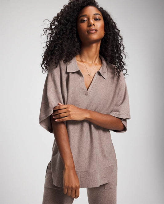 HEATHER FAWN Premier Knit Sweater Collared Top