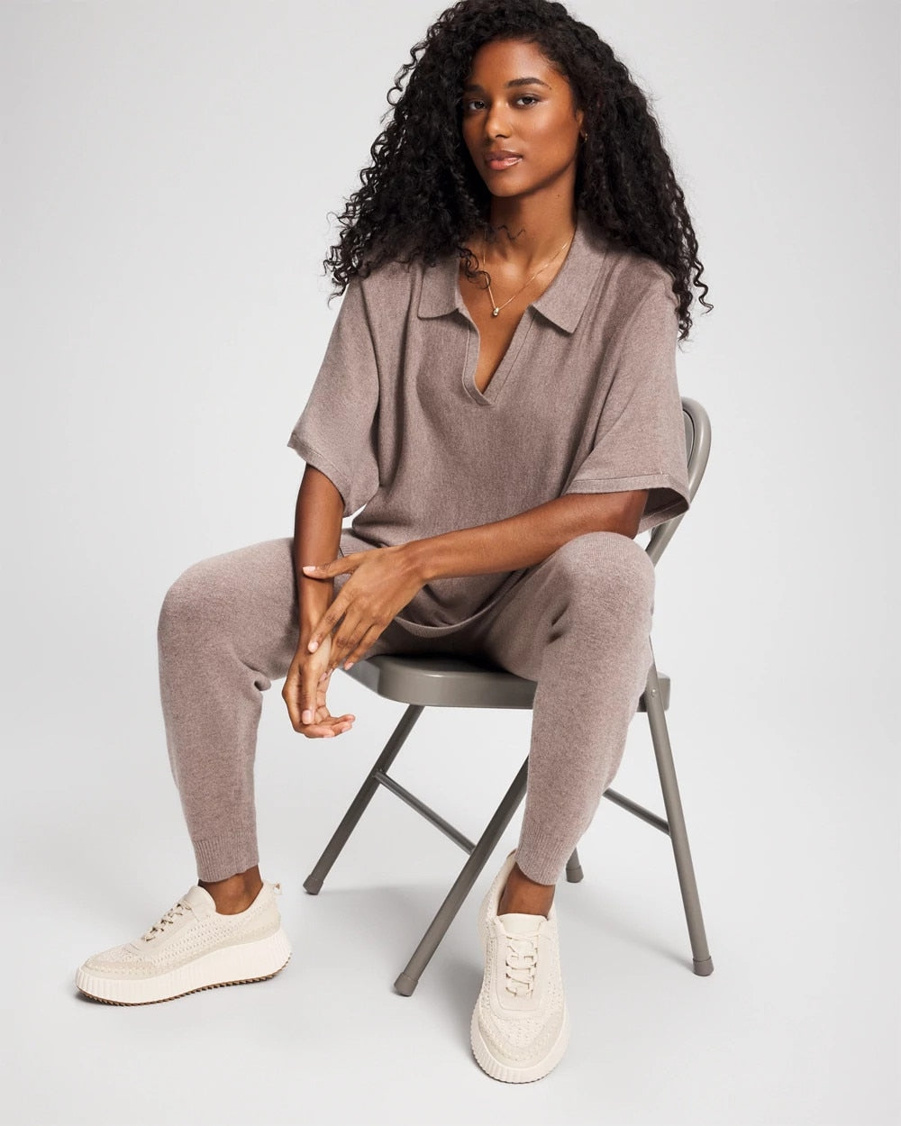 HEATHER FAWN Premier Knit Sweater Collared Top
