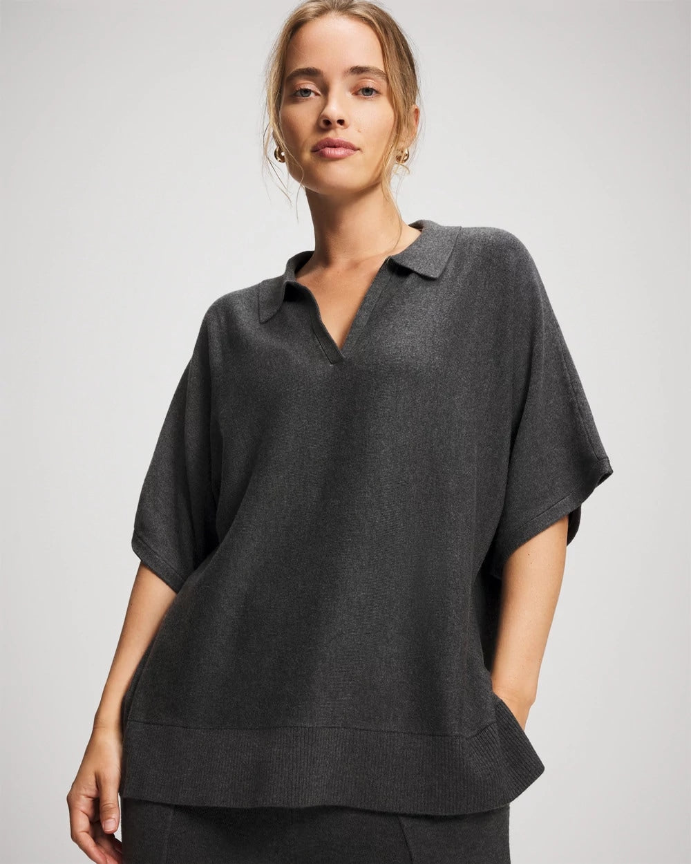 HEATHER QUARTZ Premier Knit Sweater Collared Top