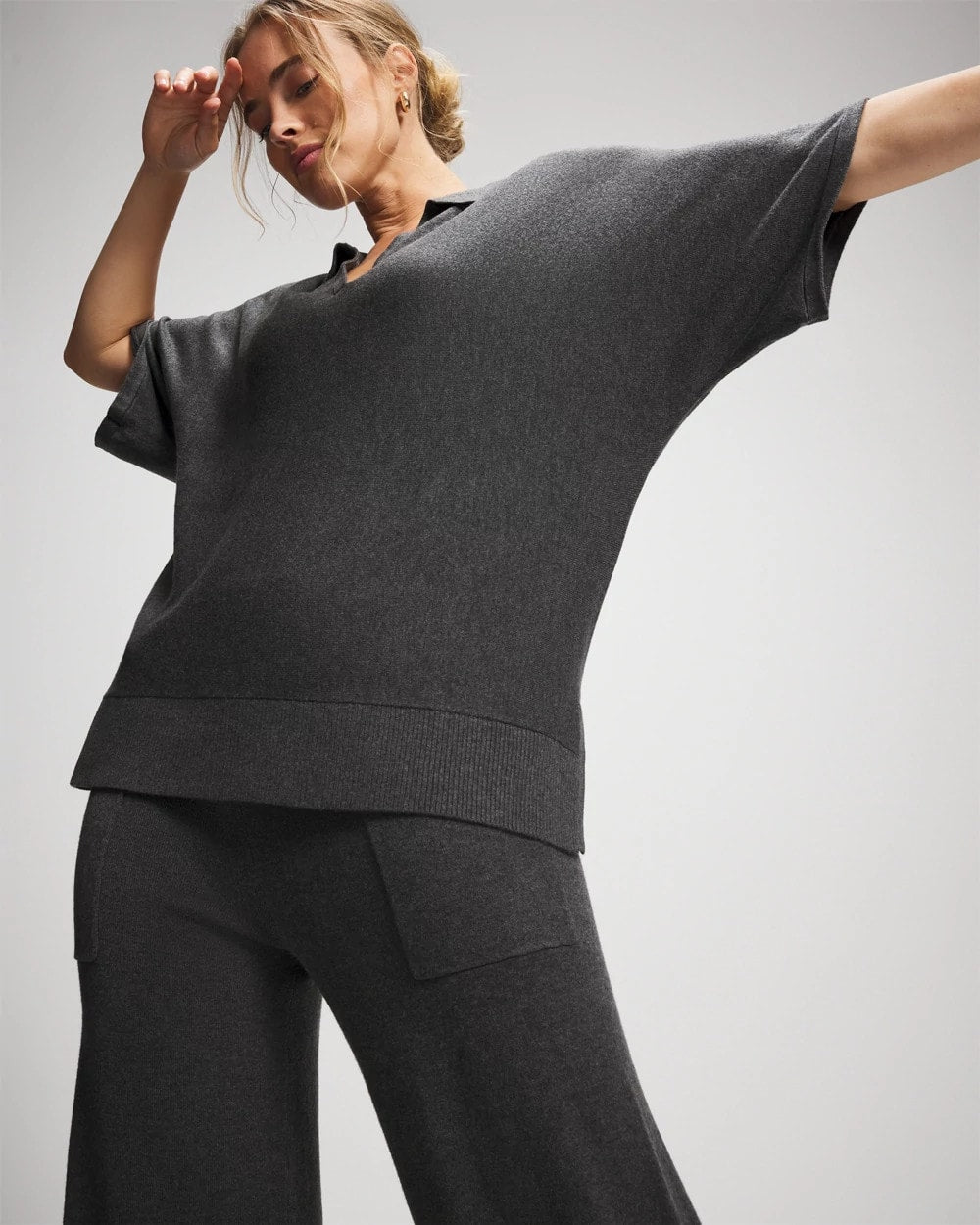 HEATHER QUARTZ Premier Knit Sweater Collared Top