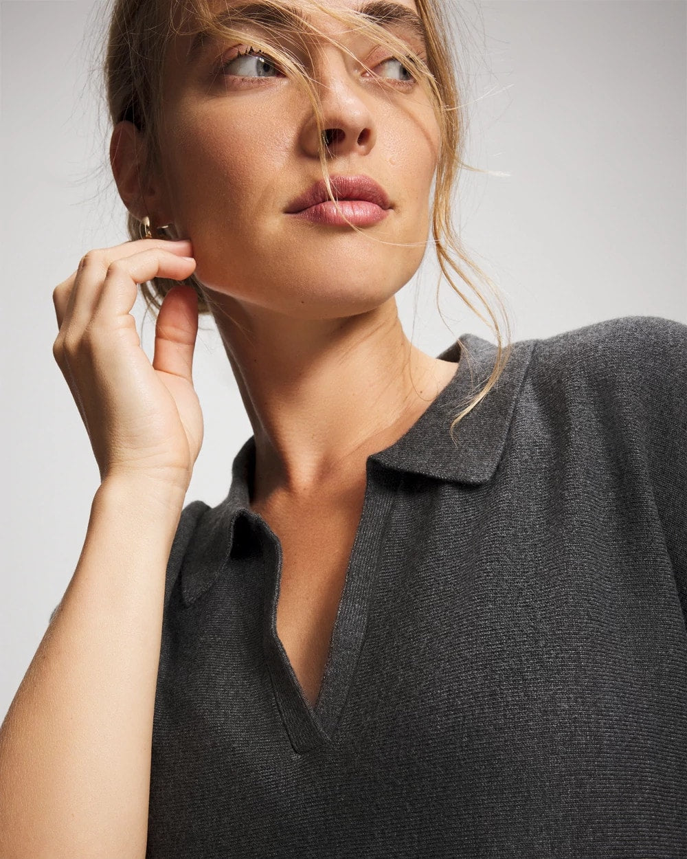HEATHER QUARTZ Premier Knit Sweater Collared Top