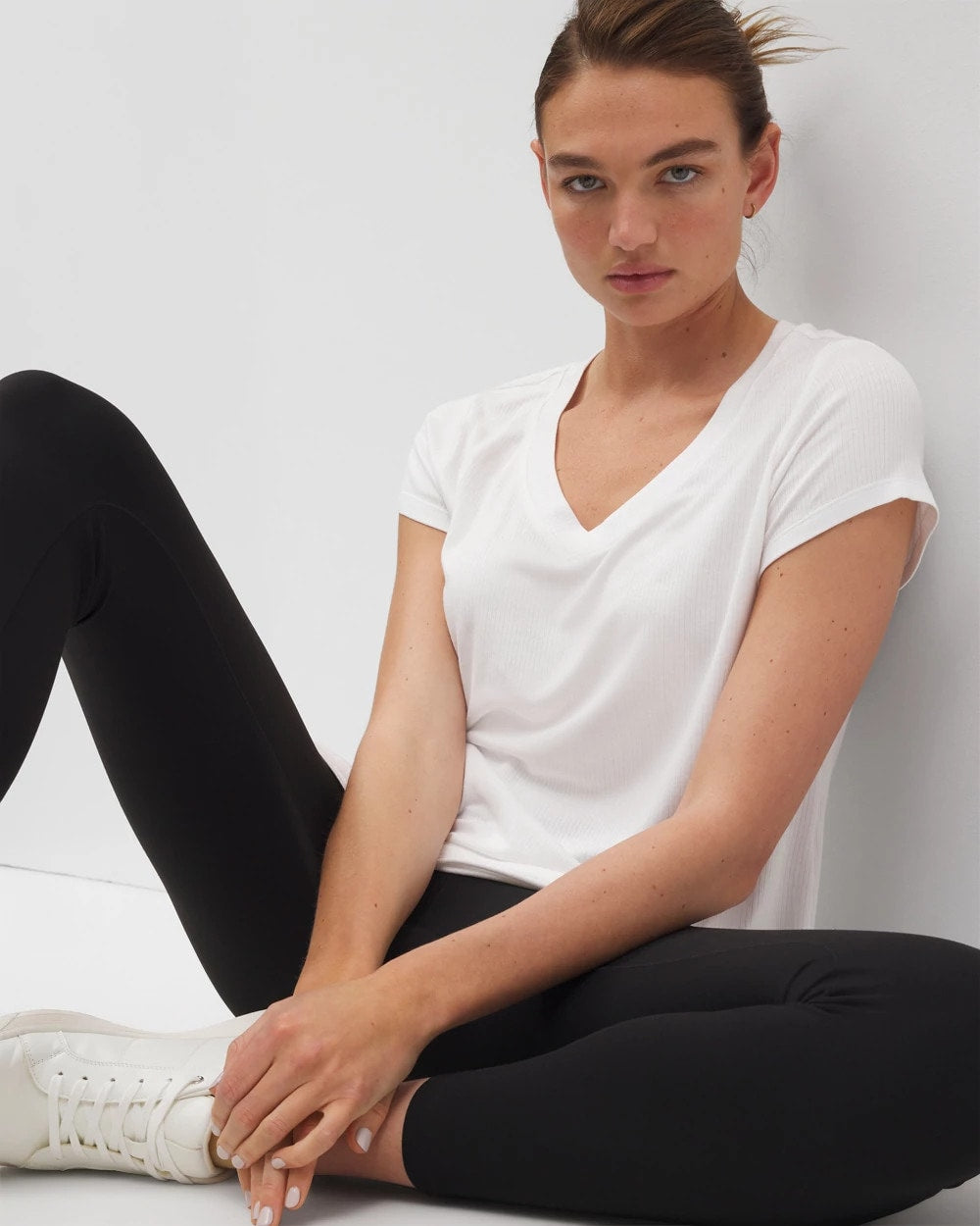 OPTIC WHITE Rib Knit V-Neck Tee