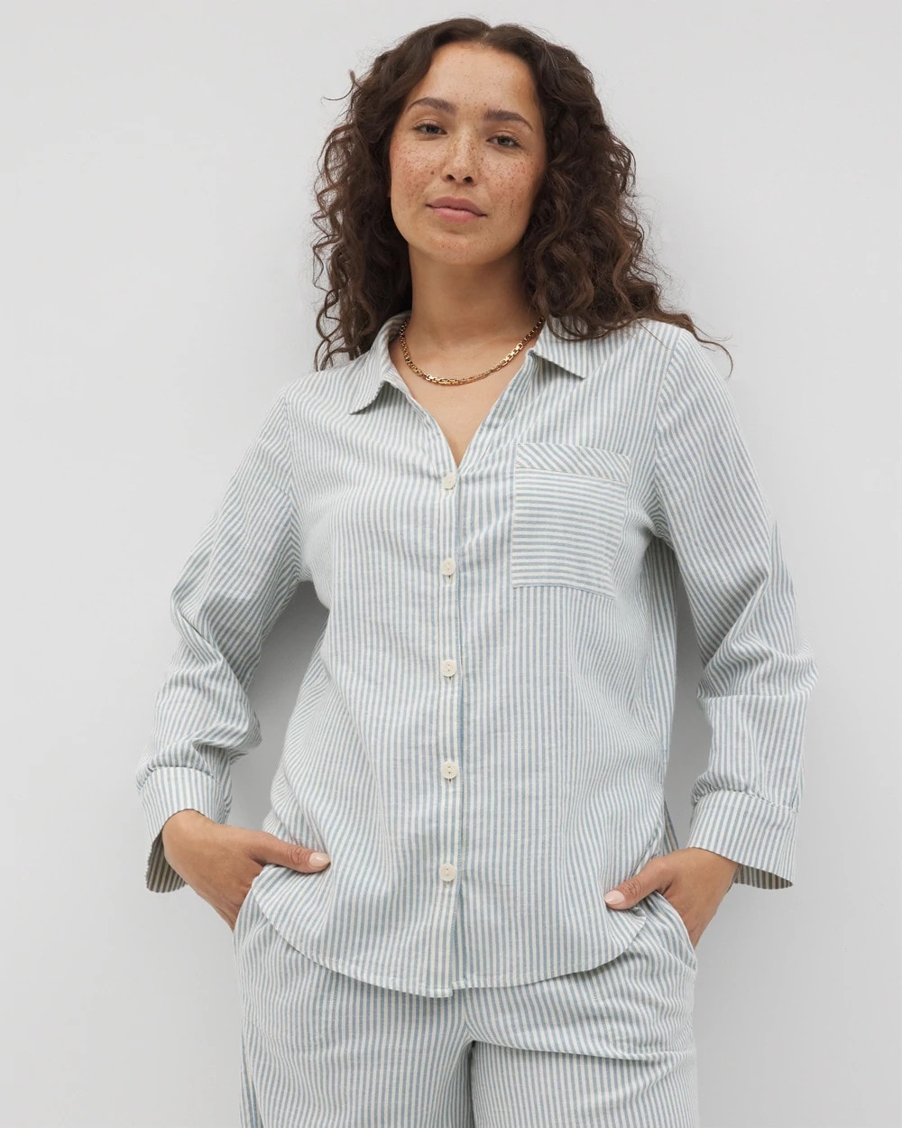 BLUE HEAVEN STRIPE Beach Cotton Long Sleeve Button-Up