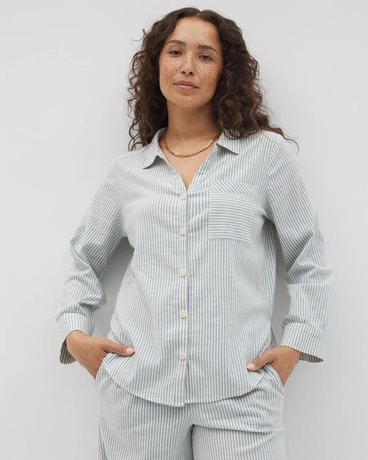 BLUE HEAVEN STRIPE Beach Cotton Long Sleeve Button-Up