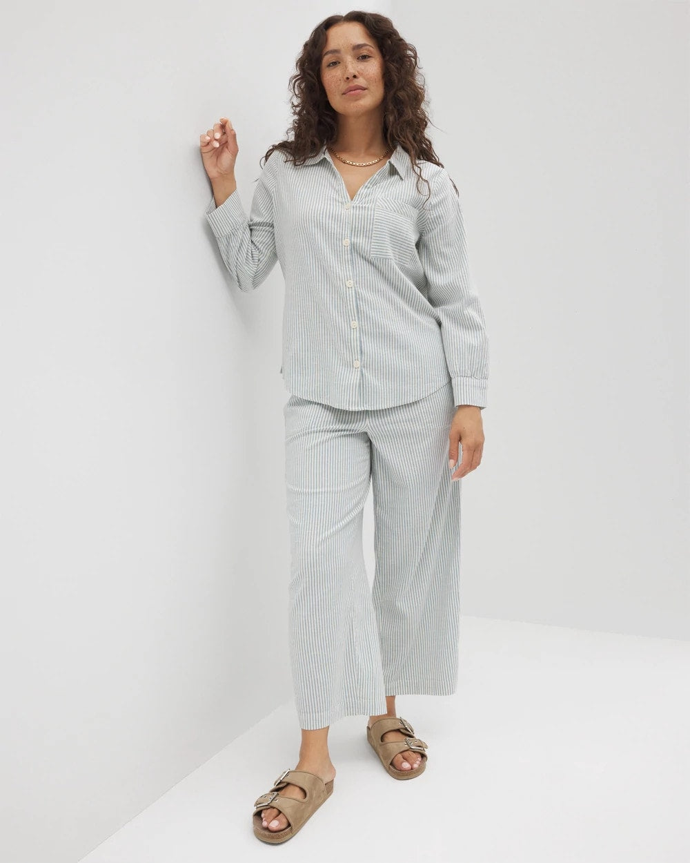BLUE HEAVEN STRIPE Beach Cotton Long Sleeve Button-Up