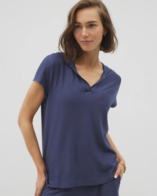 LUNAR TIDE Crinkle Knit Short Sleeve V-Neck Hoodie