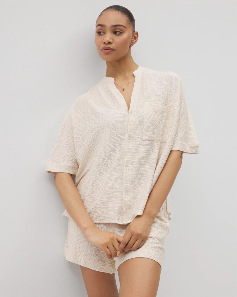 PARCHMENT Crinkle Knit Relaxed Button-Up Top