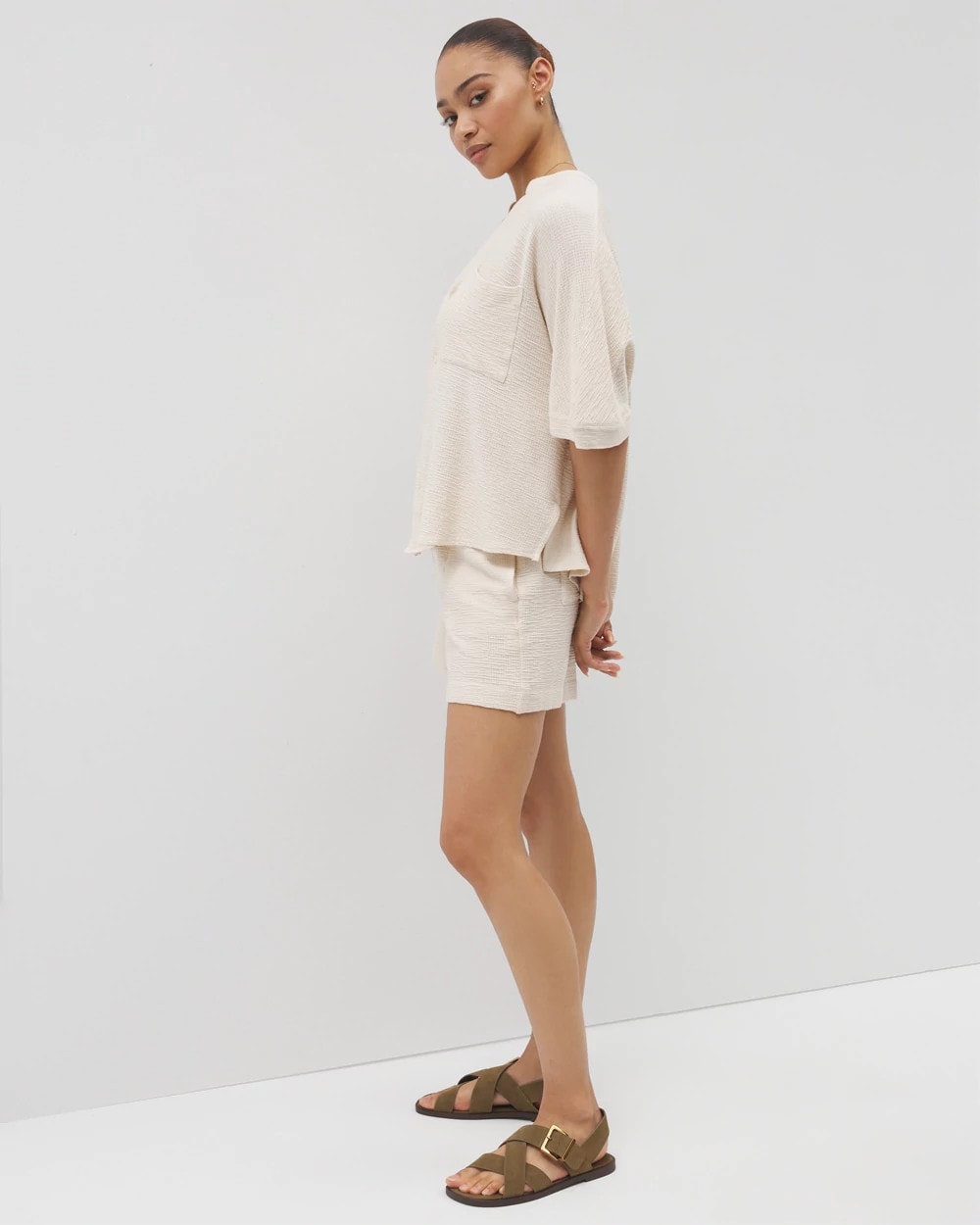 PARCHMENT Crinkle Knit Relaxed Button-Up Top