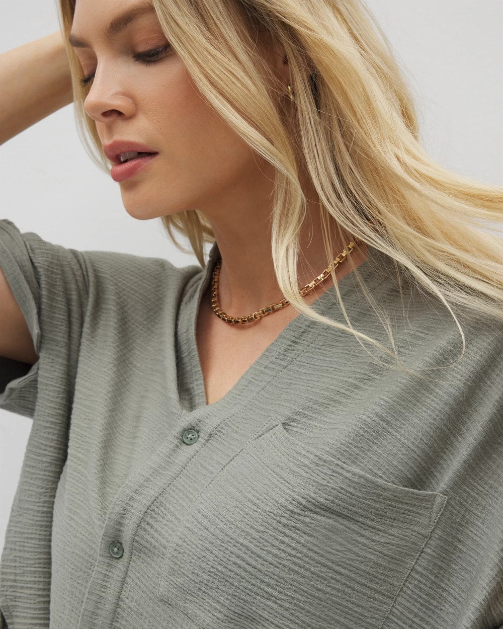 RESTORATION GREEN Crinkle Knit Relaxed Button-Up Top