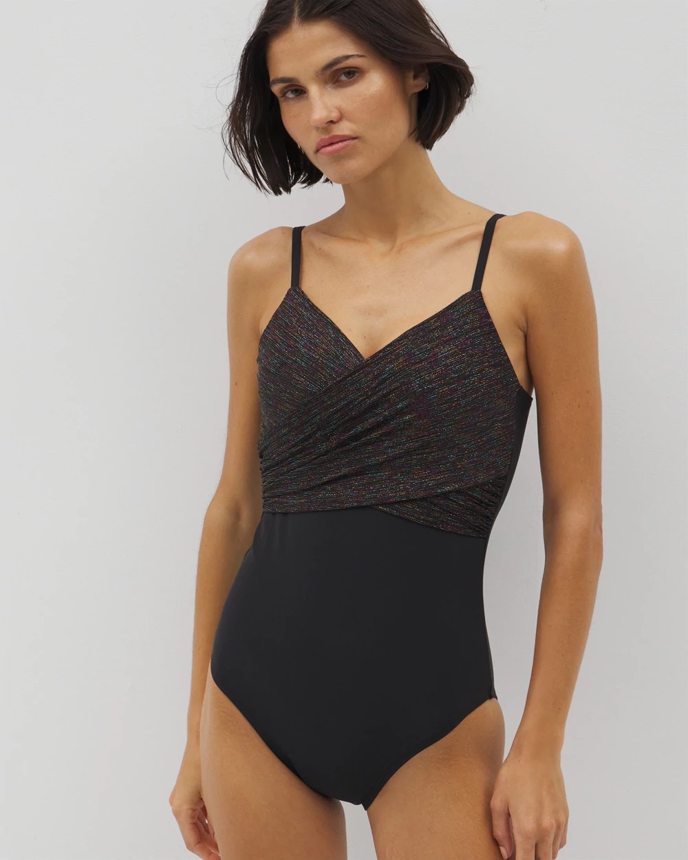 BLACK MULTI Beyond Control Bright Lurex Draped Over the Shoulder One-Piece