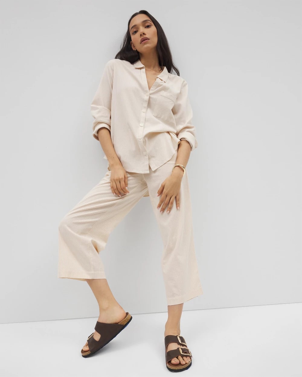 PALE SAND STRIPE Beach Cotton Crop Pant