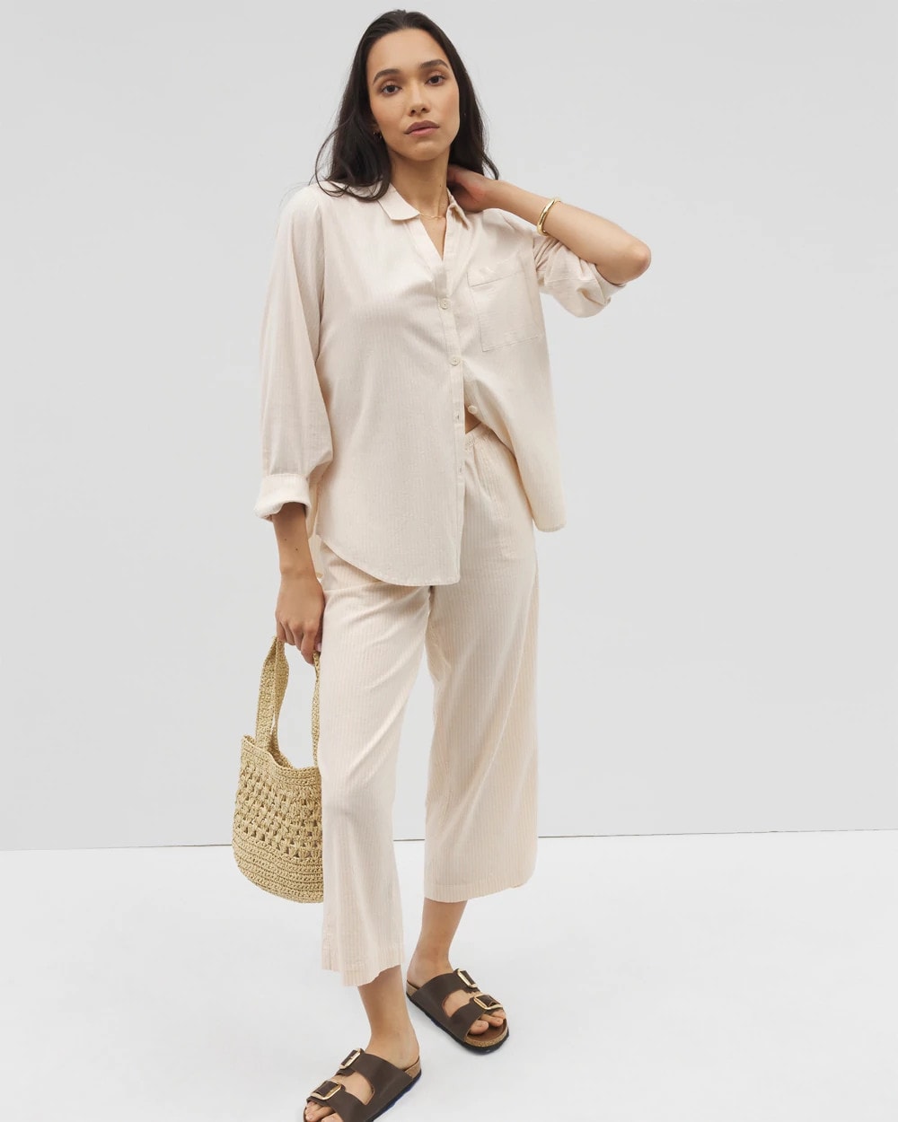 PALE SAND STRIPE Beach Cotton Crop Pant