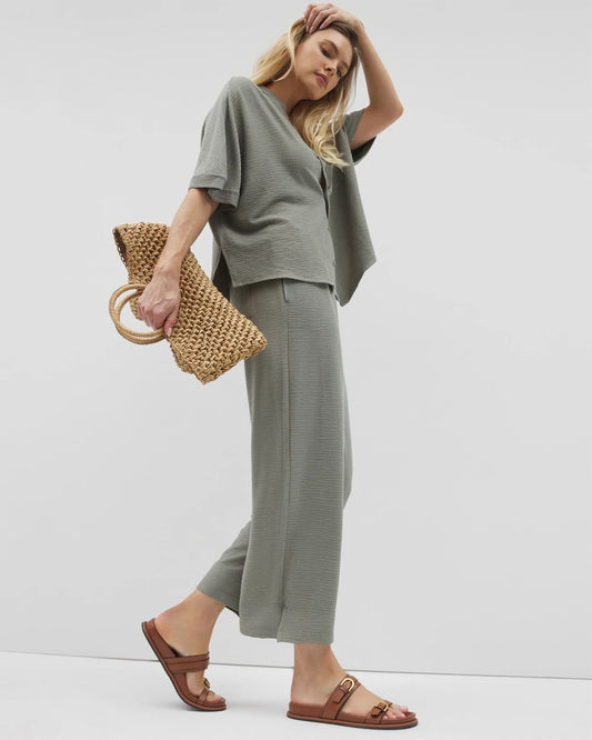RESTORATION GREEN Crinkle Knit Wide Leg Pant