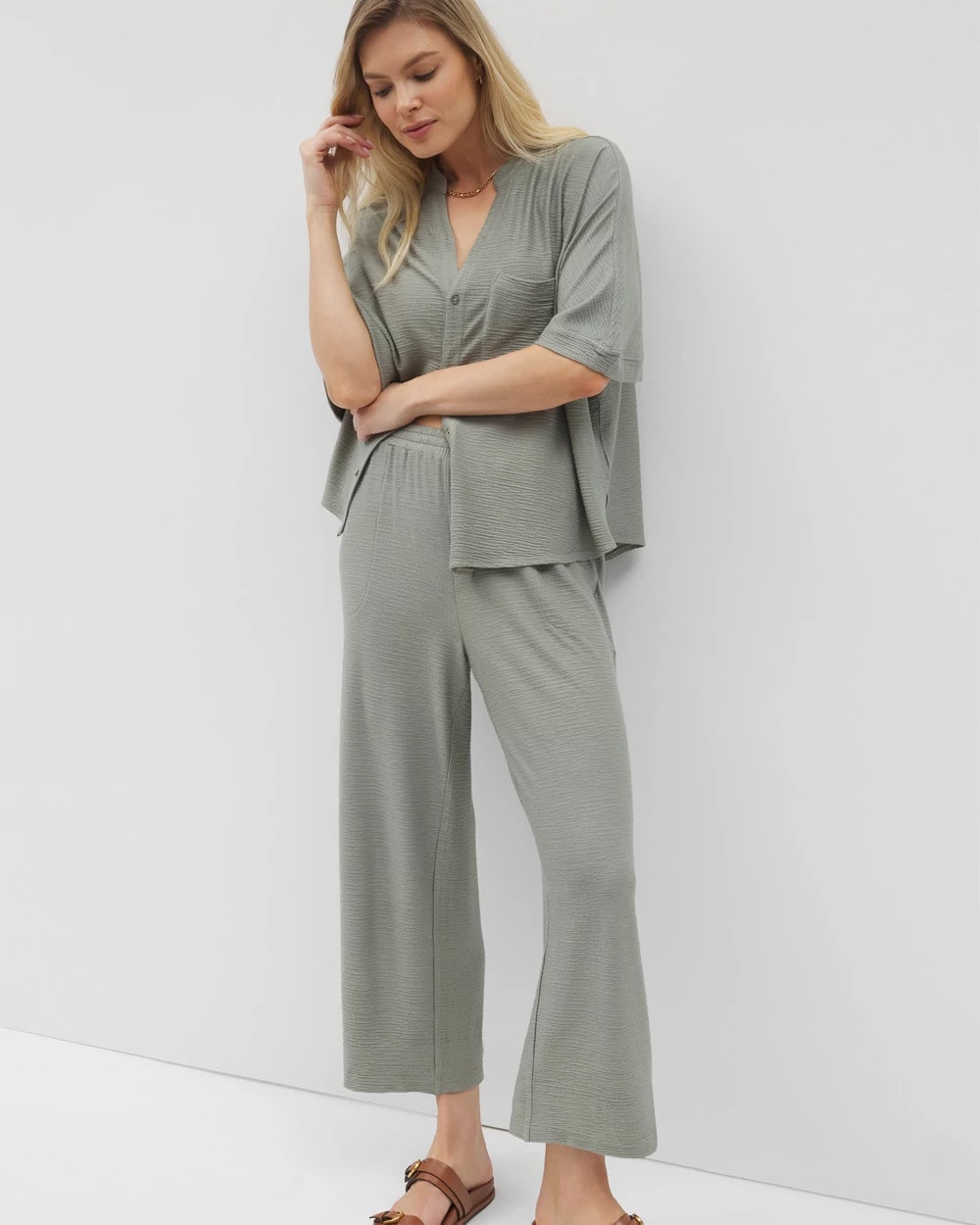 RESTORATION GREEN Crinkle Knit Wide Leg Pant