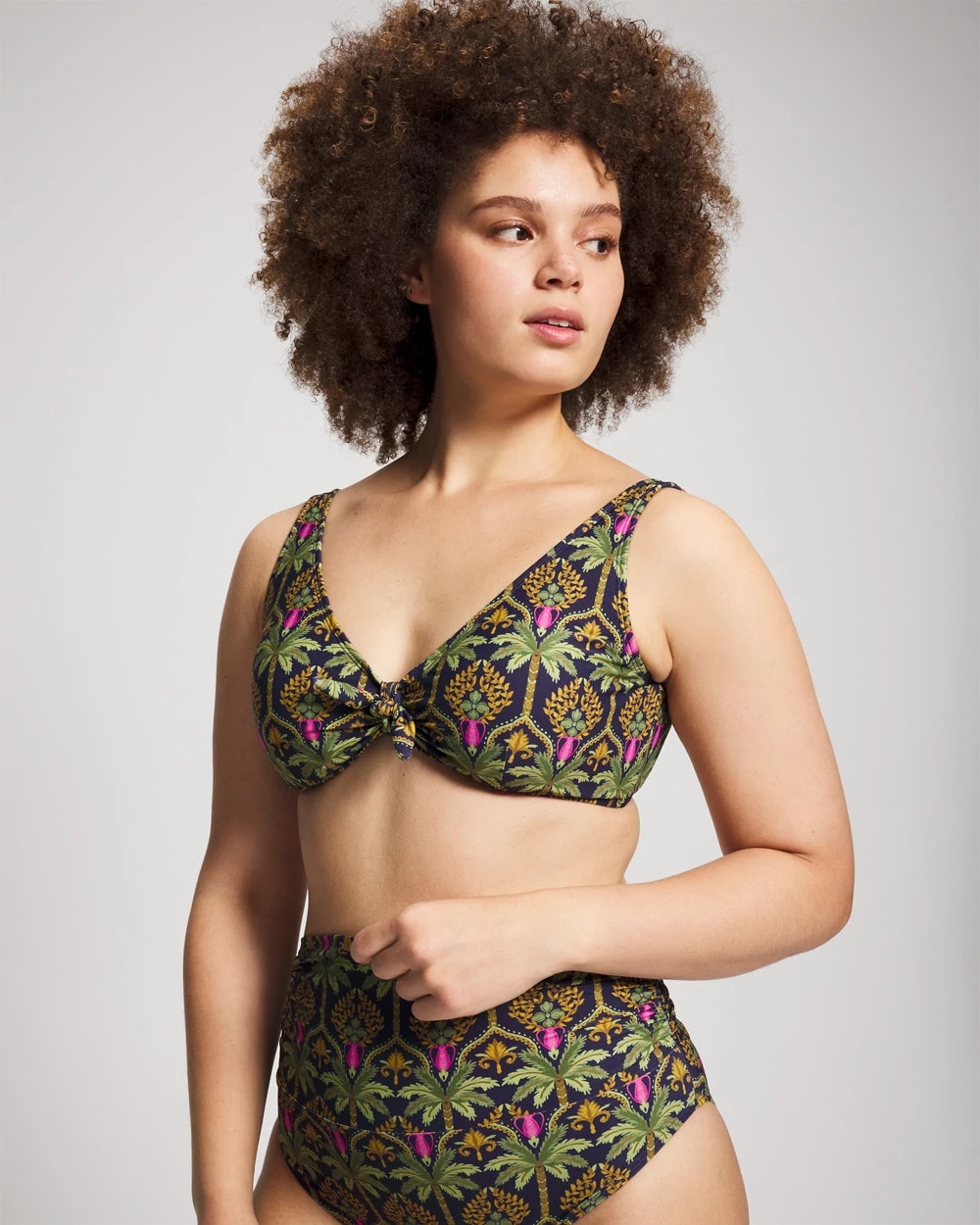 PALMY PATTERNS NAVY Tie Front Bikini Top
