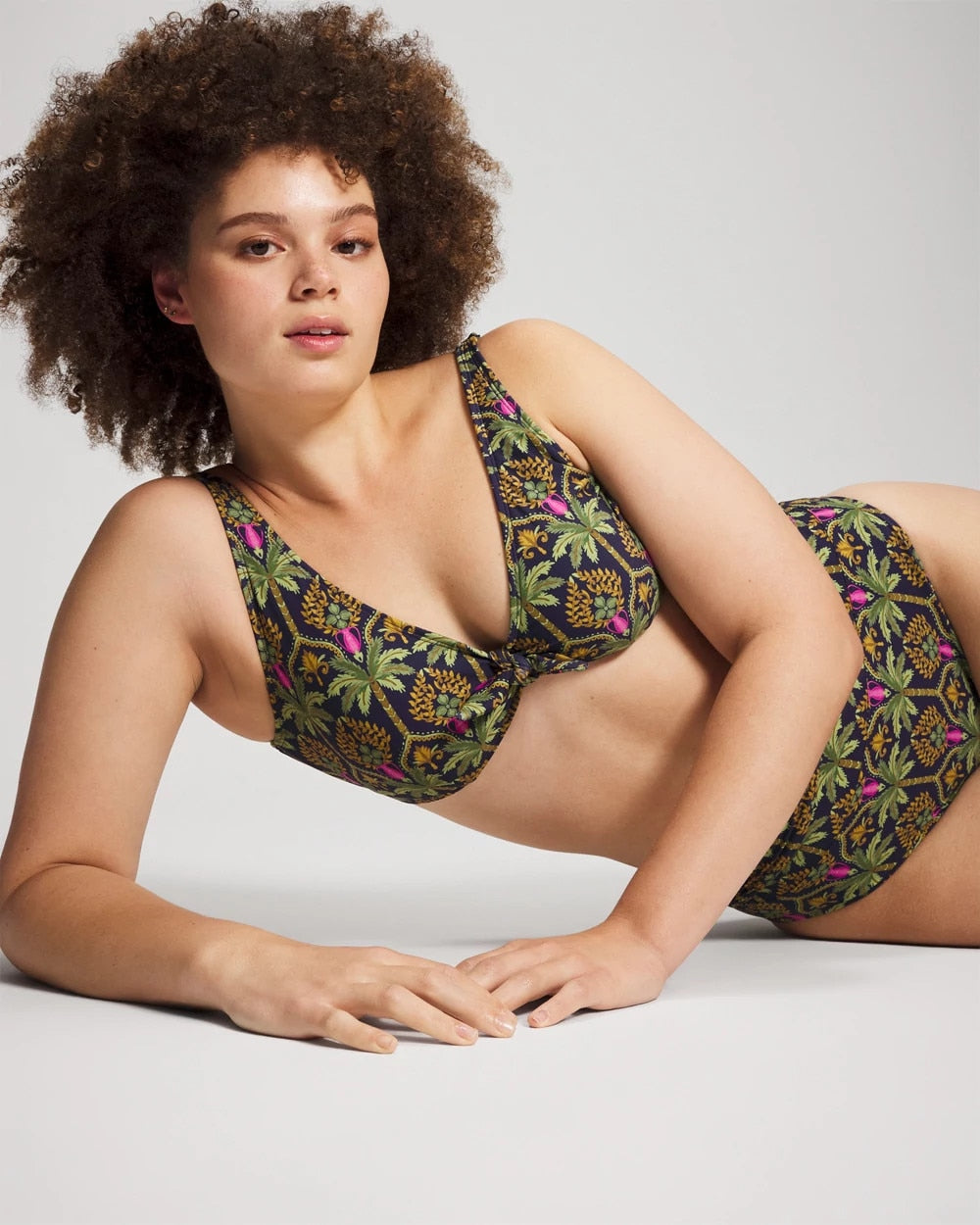 PALMY PATTERNS NAVY Tie Front Bikini Top