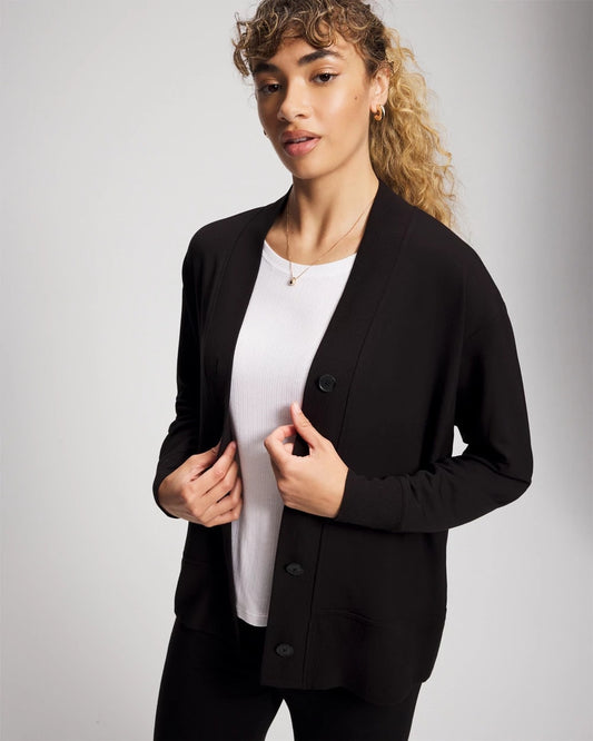 BLACK Ultrasoft Fleece Relaxed Button Up Cardigan