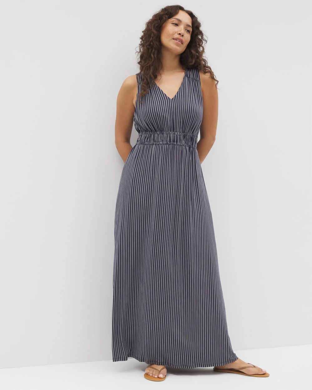 DESTIN STRIPE NAVY Riviera Surplice Maxi Bra Dress