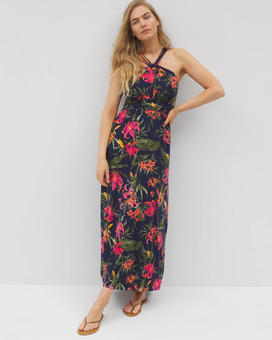 LE TIGRE TROPIC NAVY Bayside Halter Maxi Bra Dress