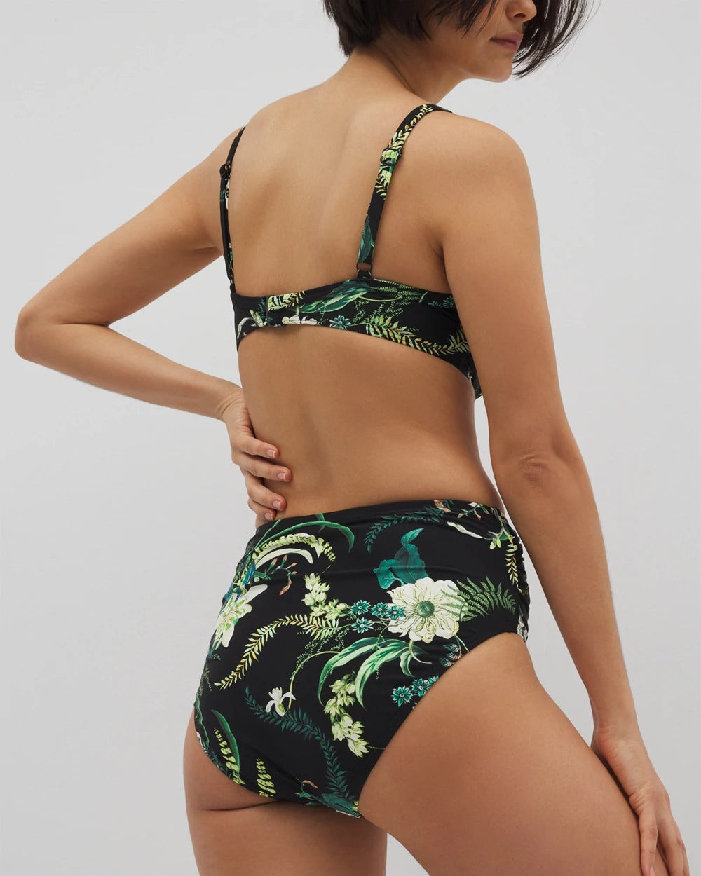 TROPICAL TWIST BLACK Ruched High-Waist Bikini Bottom