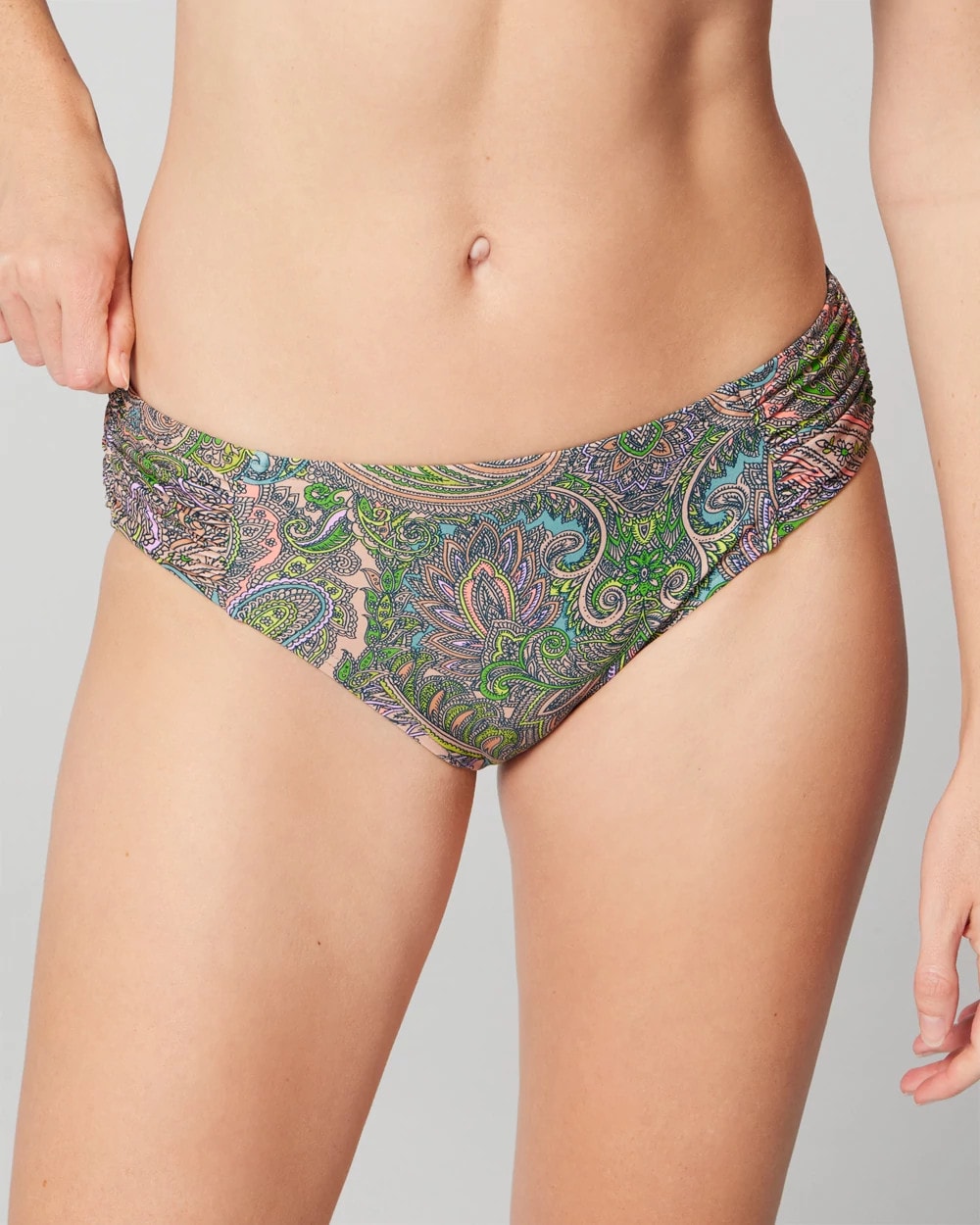 ORNAMENTAL PAISLEY G LIME Ruched Bikini Bottom
