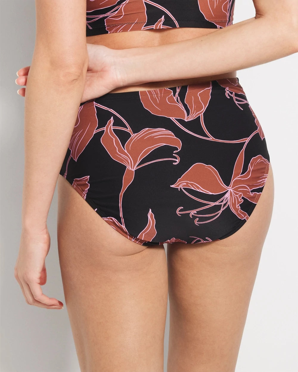 STAMPED TROPICS M BK BRN Ruched High-Waist Bikini Bottom