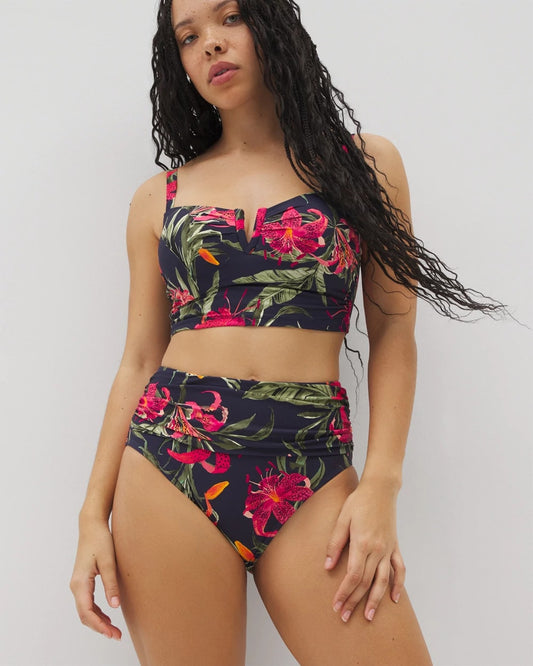 LE TIGRE TROPICAL NAVY Soma Swim Ruched High-Waist Bikini Bottom