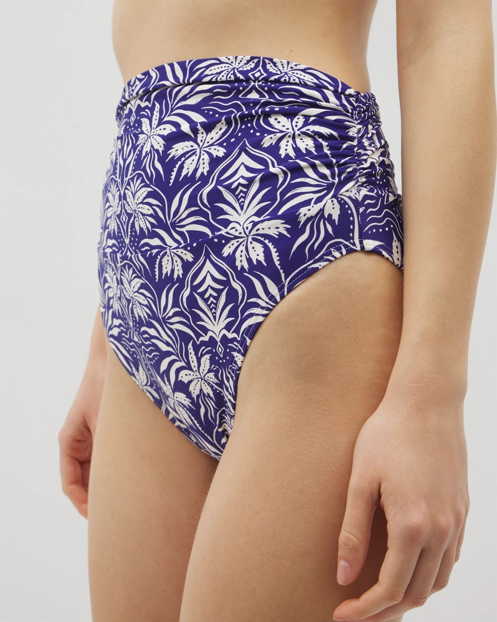 TROPIC TILES TRUE BLUE Ruched High-Waist Bikini Bottom