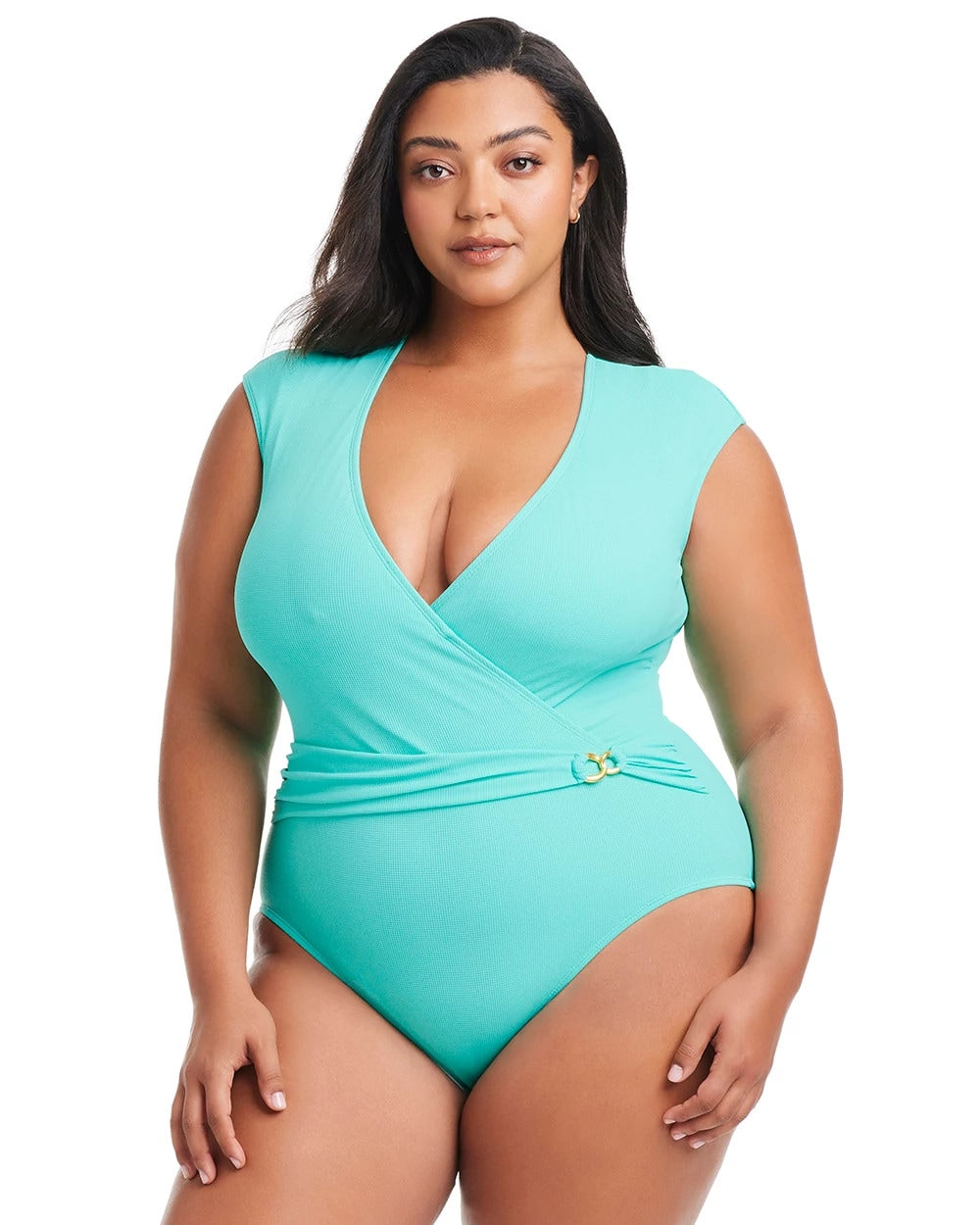 TAHITI TEAL Pique Ole Cap Sleeve Surplice One Piece