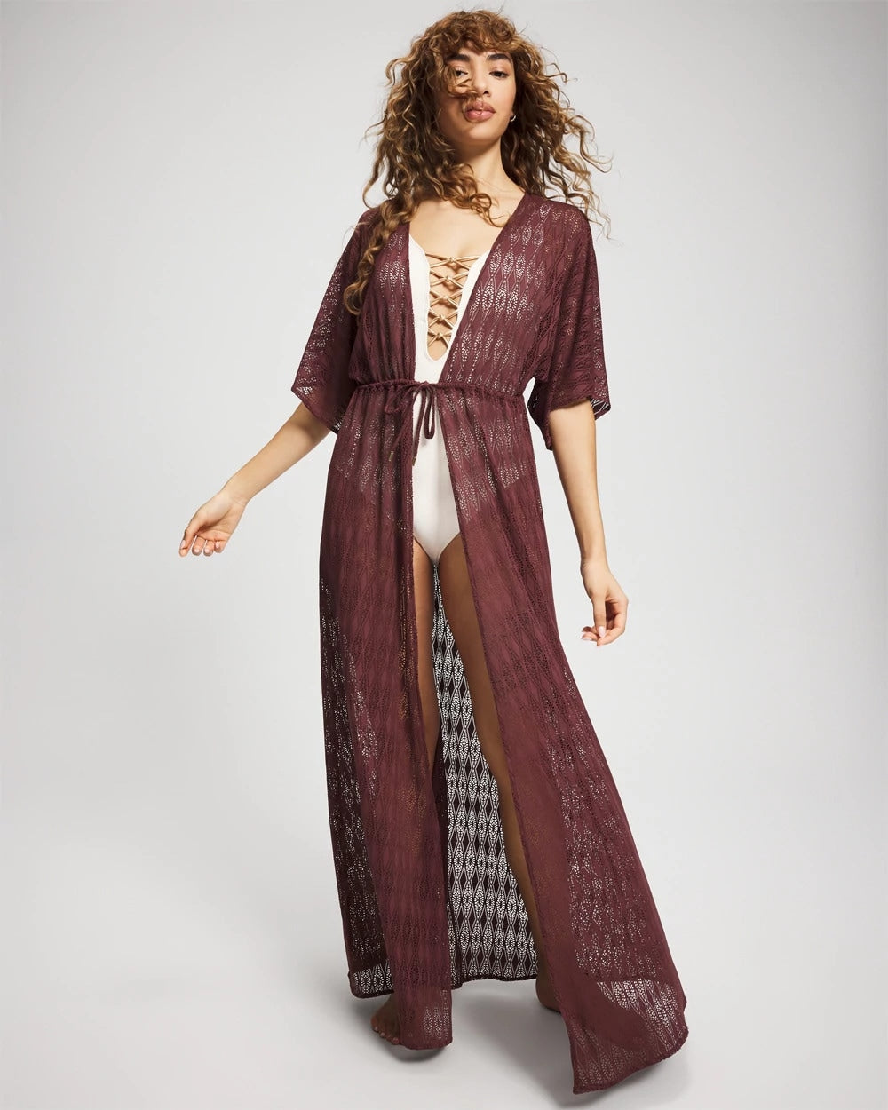 COFFEE Sunkissed Crochet Open-Front Caftan
