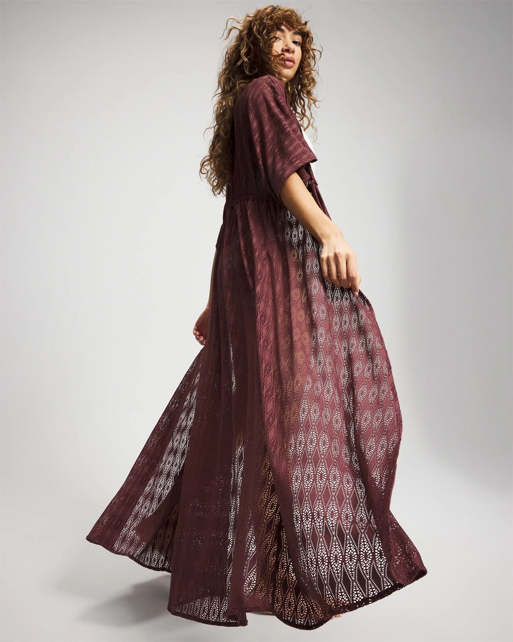 COFFEE Sunkissed Crochet Open-Front Caftan